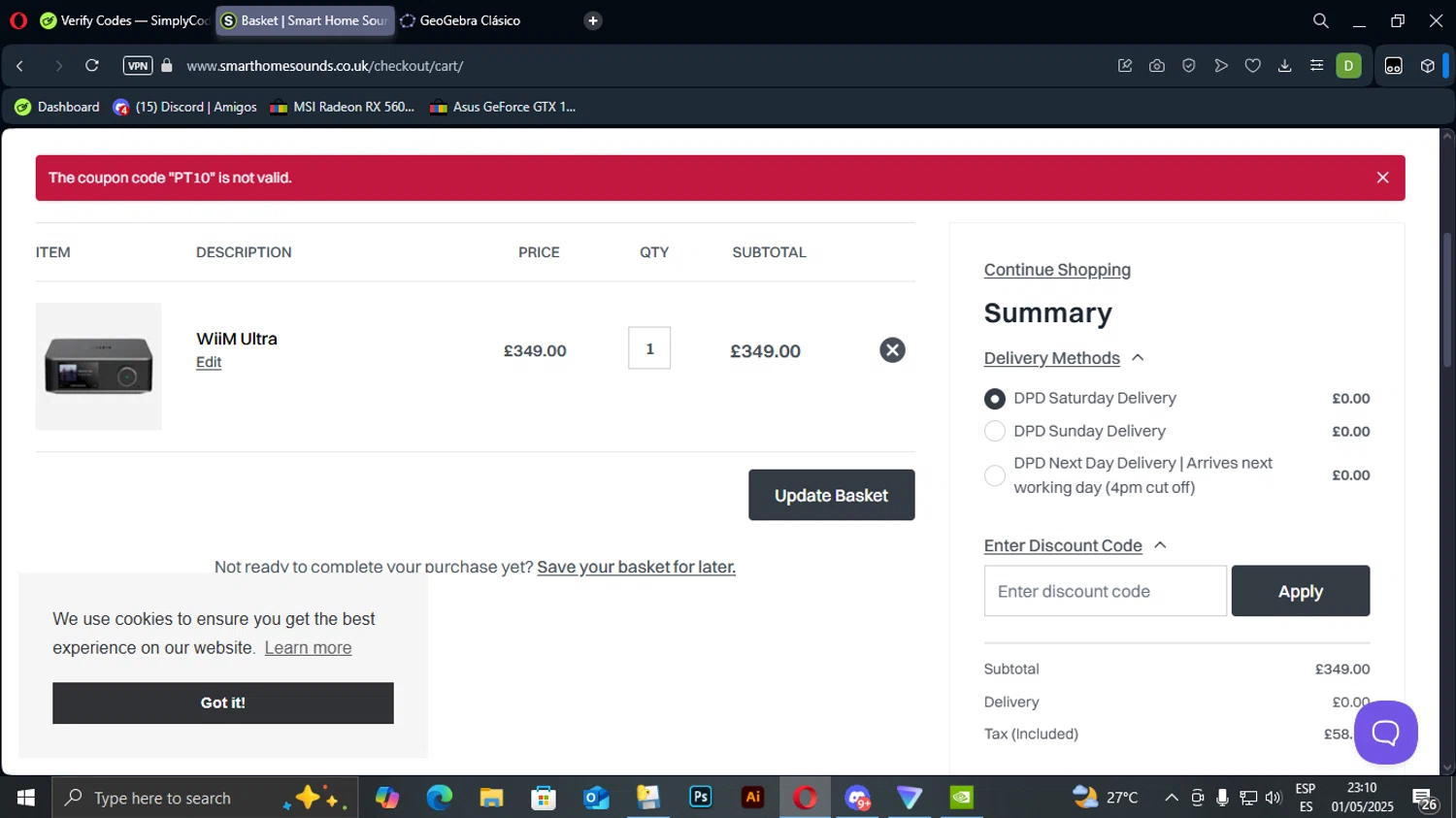 Smart Home Sounds discount code screenshot showing code PT10 applied at Smart Home Sounds checkout page. Uploaded by SimplyCodes community member TuAmigoRed on May 2, 2025