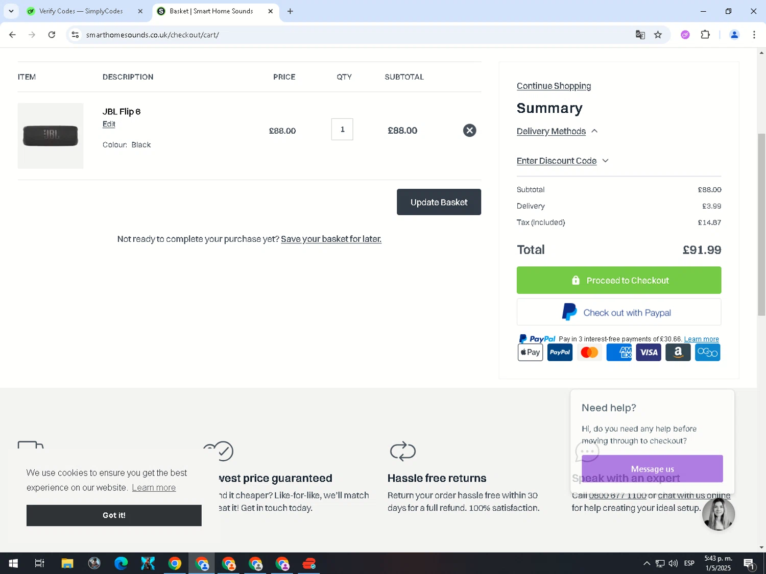 Smart Home Sounds checkout page showing Smart Home Sounds discount code box | Screenshot taken by SimplyCodes community member on May 1, 2025