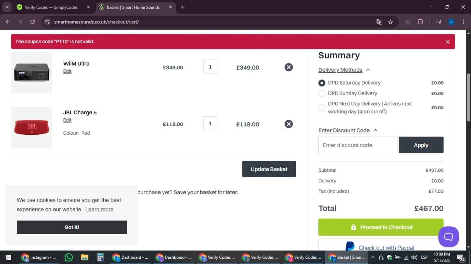 Smart Home Sounds discount code screenshot showing code PT10 applied at Smart Home Sounds checkout page. Uploaded by SimplyCodes community member noesmith34ur on May 2, 2025