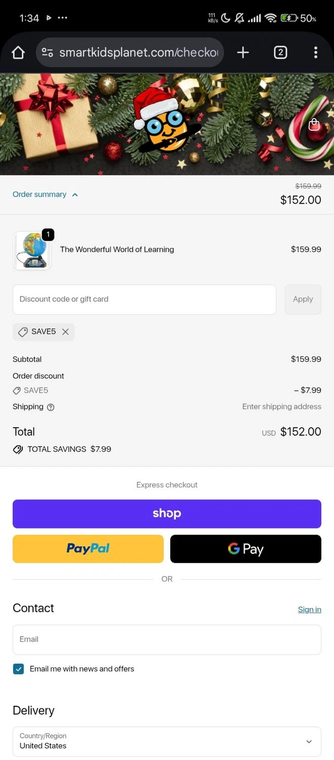 Smart Kids Planet promo code screenshot showing code SAVE5 applied at Smart Kids Planet checkout page. Uploaded by SimplyCodes community member Jutdcv on Nov 15, 2025