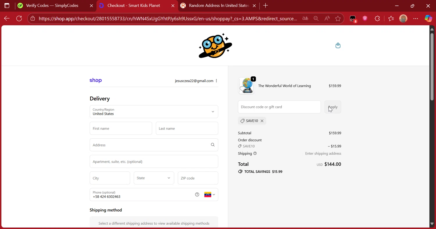 Smart Kids Planet promo code screenshot showing code SAVE10 applied at Smart Kids Planet checkout page. Uploaded by SimplyCodes community member DiscountScout1417 on Oct 24, 2025
