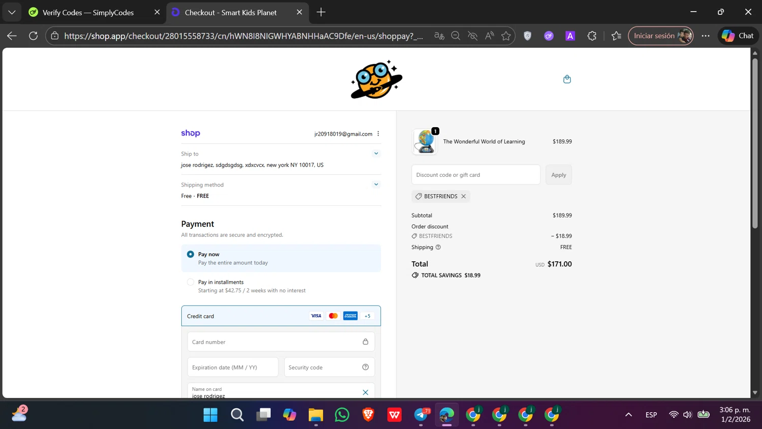 Smart Kids Planet promo code screenshot showing code BESTFRIENDS applied at Smart Kids Planet checkout page. Uploaded by SimplyCodes community member Toji_fushiguro on Feb 1, 2026