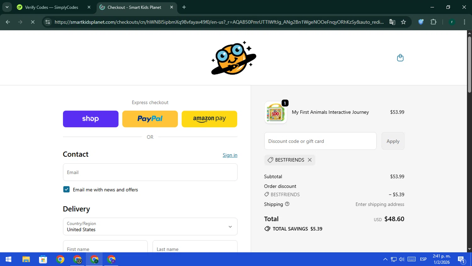 Smart Kids Planet promo code screenshot showing code BESTFRIENDS applied at Smart Kids Planet checkout page. Uploaded by SimplyCodes community member rodri1 on Feb 1, 2026