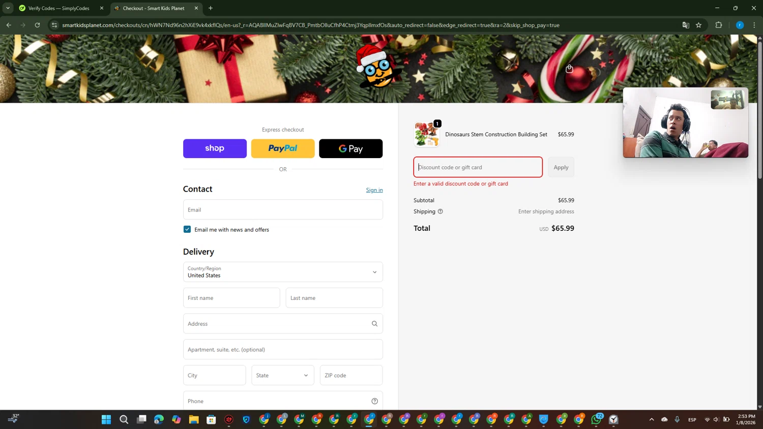 Smart Kids Planet promo code screenshot showing code FESTIVE applied at Smart Kids Planet checkout page. Uploaded by SimplyCodes community member RewardVoyager146 on Jan 8, 2026