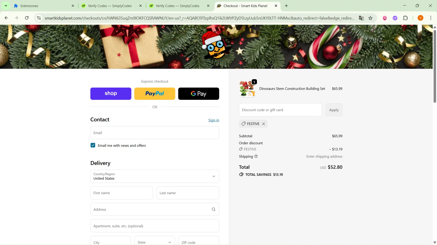 Smart Kids Planet promo code screenshot showing code FESTIVE applied at Smart Kids Planet checkout page. Uploaded by SimplyCodes community member SavingsFinder9954 on Dec 4, 2025