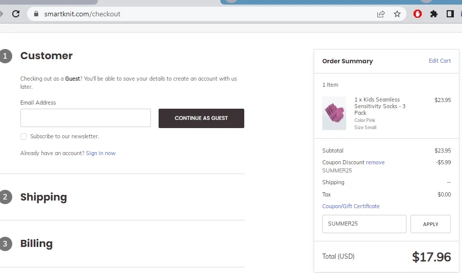 SmartKnit checkout page showing SmartKnit discount code box | Screenshot taken by SimplyCodes community member on Jun 22, 2022
