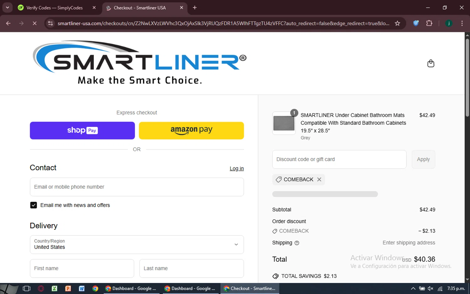 Smartliner USA discount code screenshot showing code COMEBACK applied at Smartliner USA checkout page. Uploaded by SimplyCodes community member MoneySpotter5416 on Jun 20, 2025