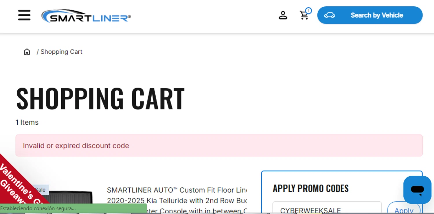 Smartliner USA discount code screenshot showing code CYBERWEEKSALE applied at Smartliner USA checkout page. Uploaded by SimplyCodes community member CURTIS on Feb 13, 2026
