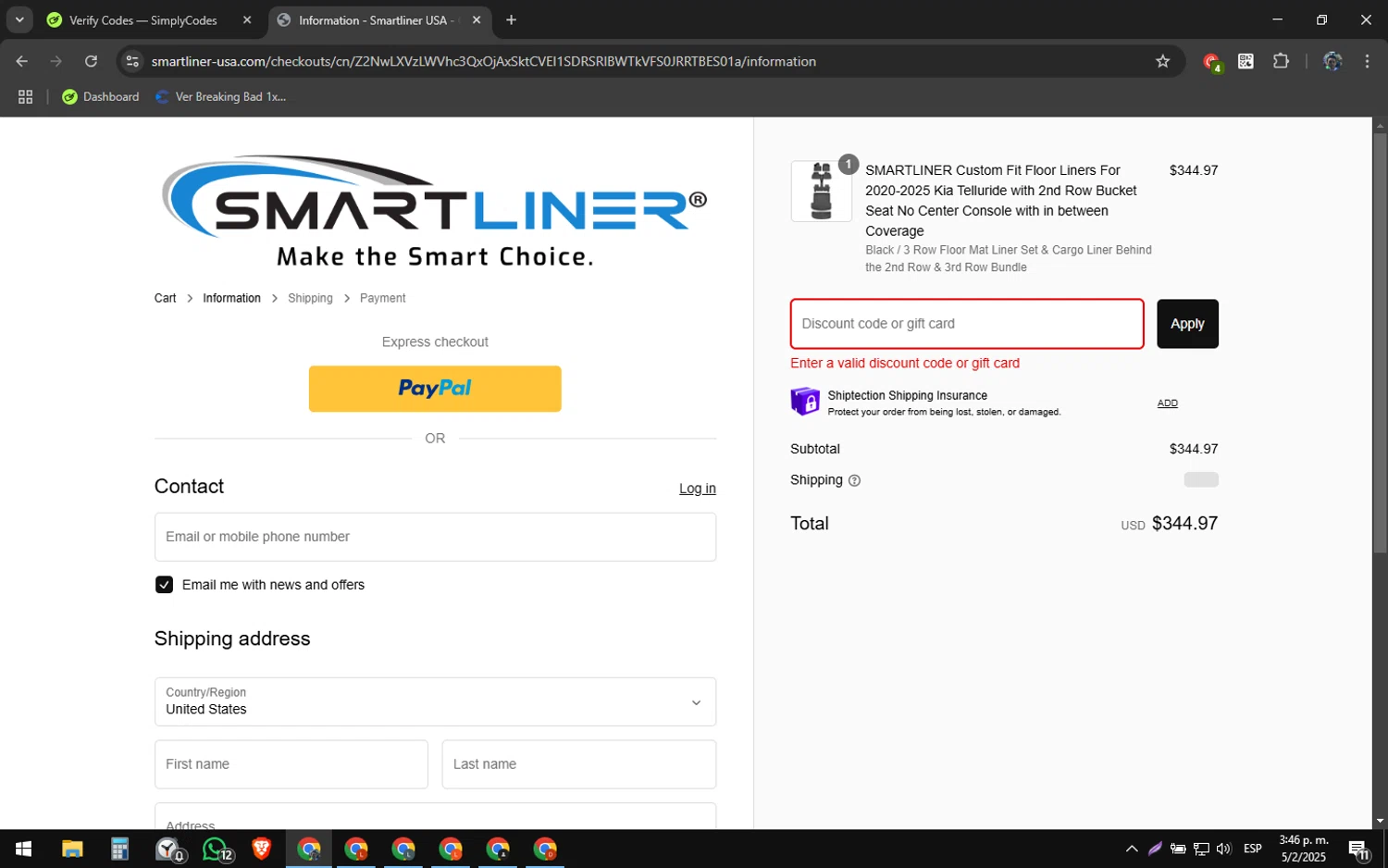 Smartliner USA discount code screenshot showing code CYBERWEEKSALE applied at Smartliner USA checkout page. Uploaded by SimplyCodes community member RoyalAdmiral1682 on Feb 5, 2025