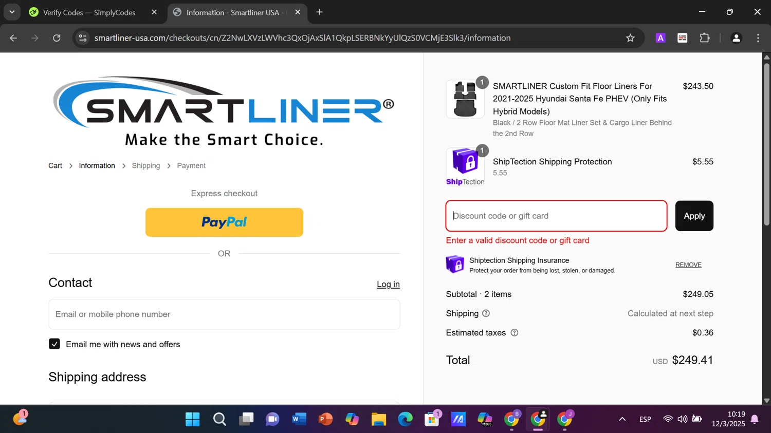 Smartliner USA discount code screenshot showing code CYBERWEEKSALE applied at Smartliner USA checkout page. Uploaded by SimplyCodes community member PrimeShopper9739 on Mar 12, 2025
