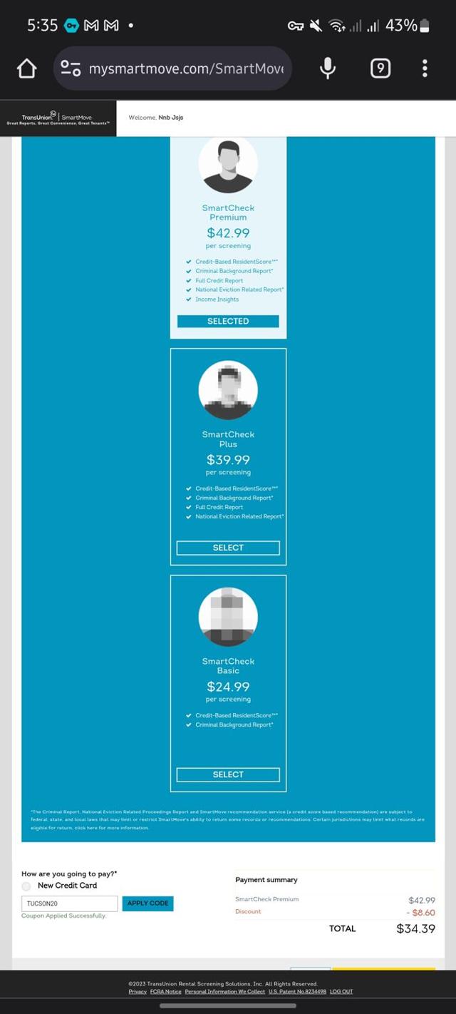 SmartMove checkout page showing SmartMove coupon code box | Screenshot taken by SimplyCodes community member on Sep 28, 2023