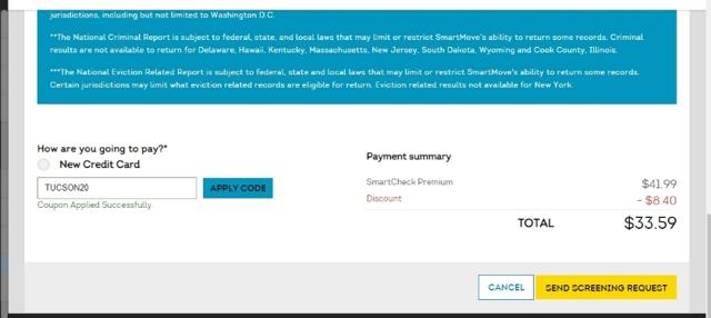 SmartMove checkout page showing SmartMove coupon code box | Screenshot taken by SimplyCodes community member on Aug 13, 2022