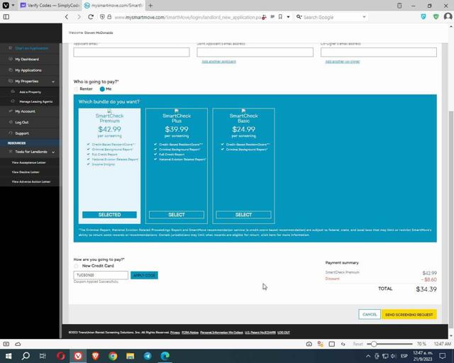 SmartMove checkout page showing SmartMove coupon code box | Screenshot taken by SimplyCodes community member on Sep 21, 2023