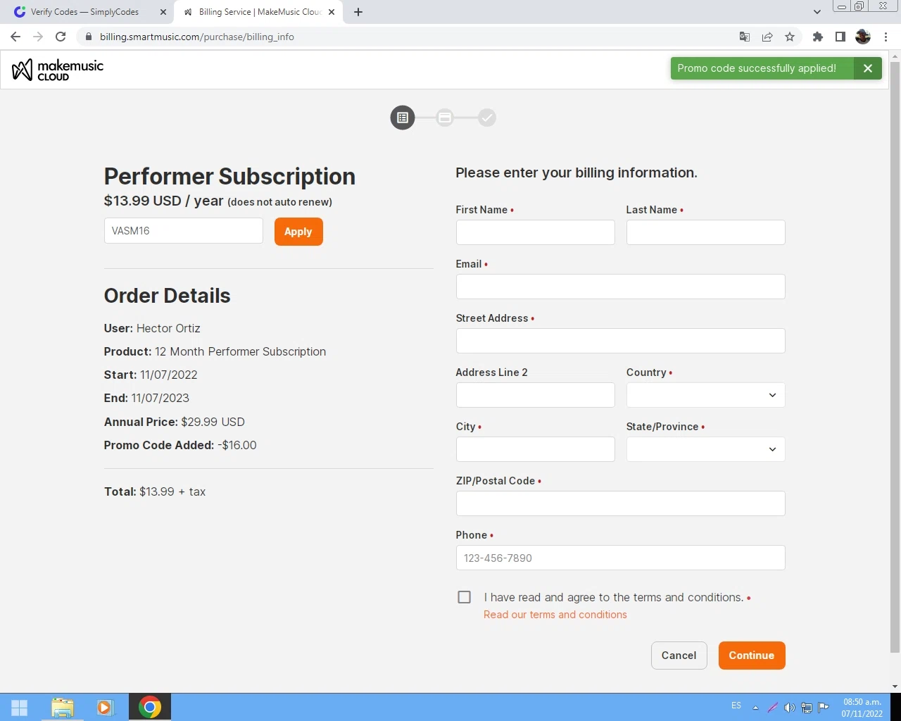 where to use Smart Music promo code box