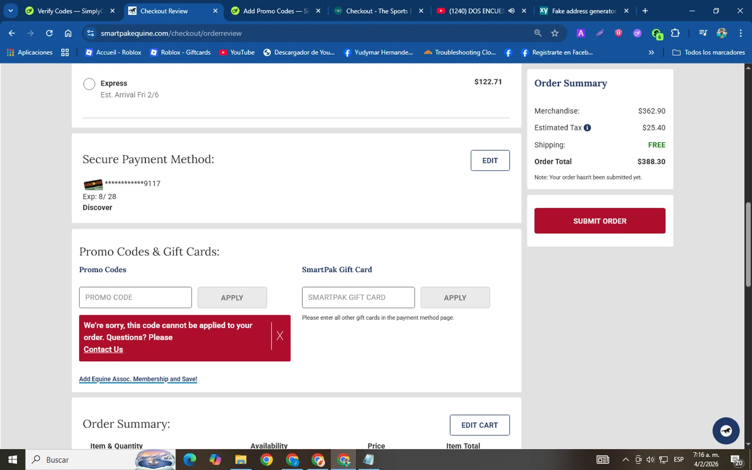 Smartpak Equine promo code screenshot showing code DEC25 applied at Smartpak Equine checkout page. Uploaded by SimplyCodes community member helicoide on Feb 4, 2026