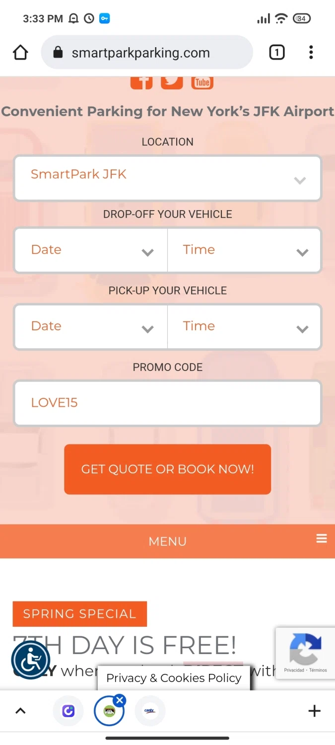 SmartPark checkout page showing SmartPark promo code box | Screenshot taken by SimplyCodes community member on May 10, 2022