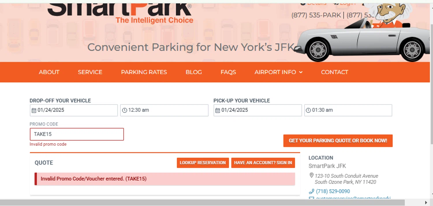 SmartPark promo code screenshot showing code TAKE15 applied at SmartPark checkout page. Uploaded by SimplyCodes community member alejandroadrianza on Jan 16, 2025