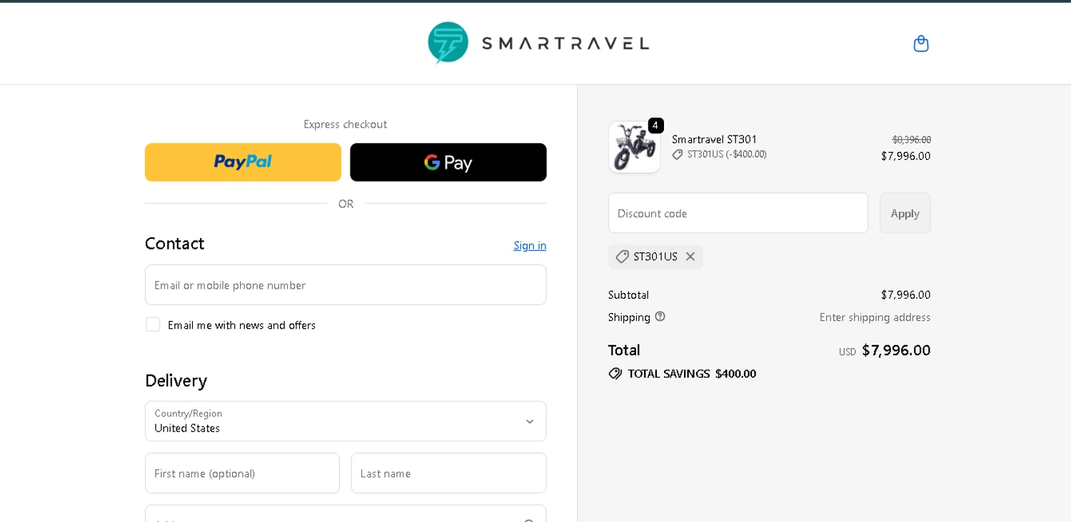 Smartravel promo code screenshot showing code ST301US applied at Smartravel checkout page. Uploaded by SimplyCodes community member BrilliantTitan7739 on Dec 6, 2025