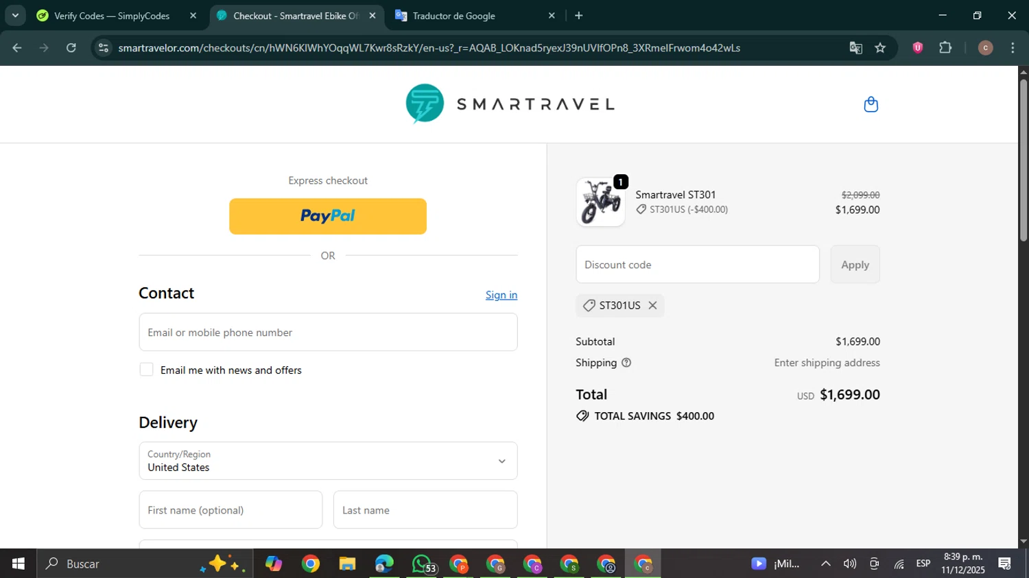 Smartravel promo code screenshot showing code ST301US applied at Smartravel checkout page. Uploaded by SimplyCodes community member NobleExpert6497 on Dec 12, 2025