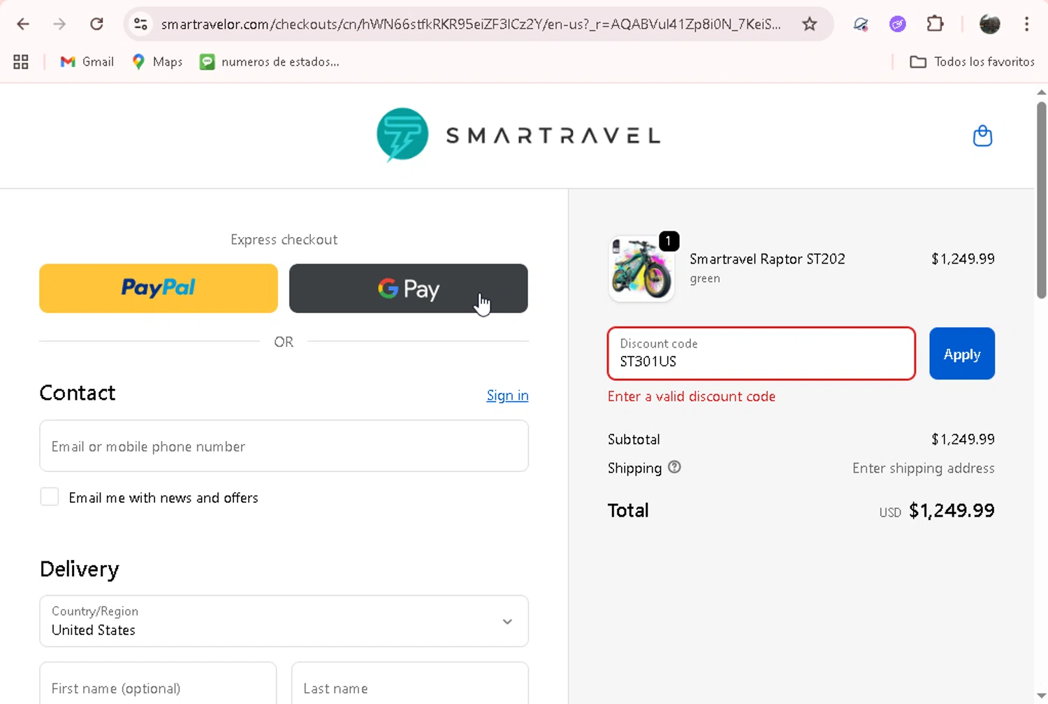 Smartravel promo code screenshot showing code ST301US applied at Smartravel checkout page. Uploaded by SimplyCodes community member adrianvasquez1 on Dec 6, 2025