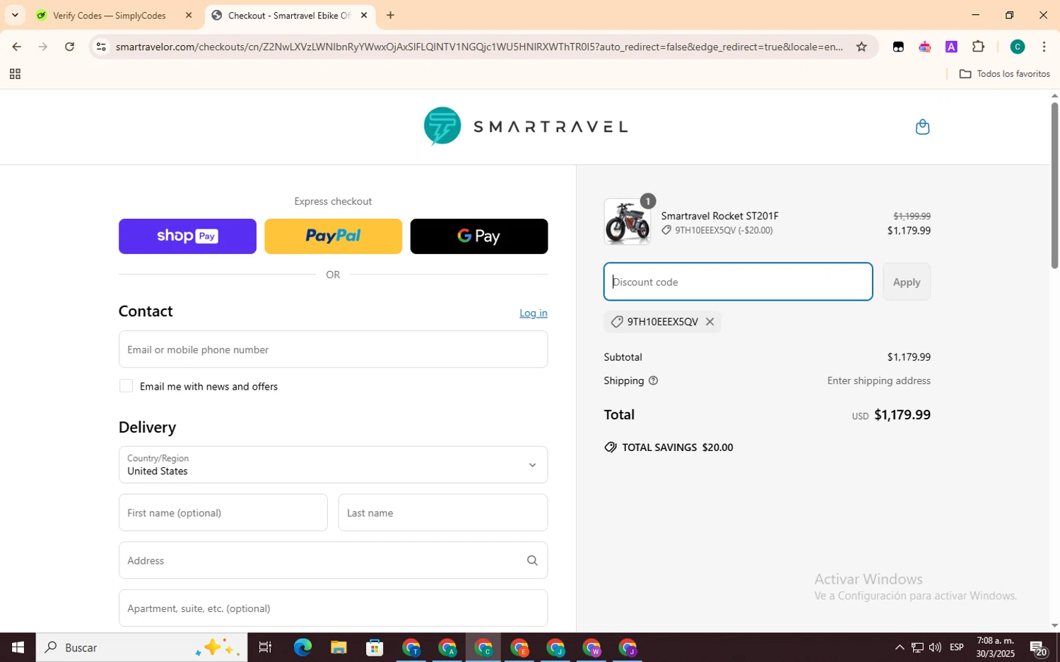 Smartravel promo code screenshot showing code 9TH10EEEX5QV applied at Smartravel checkout page. Uploaded by SimplyCodes community member EpicSpotter3493 on Mar 30, 2025