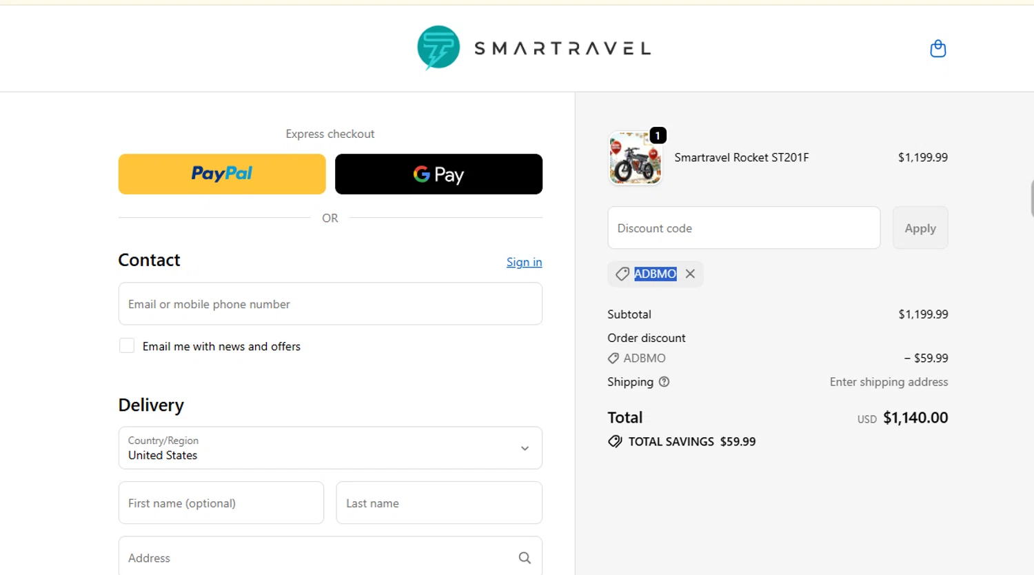 Smartravel promo code screenshot showing code ADBMO applied at Smartravel checkout page. Uploaded by SimplyCodes community member ashe1986 on Dec 11, 2025