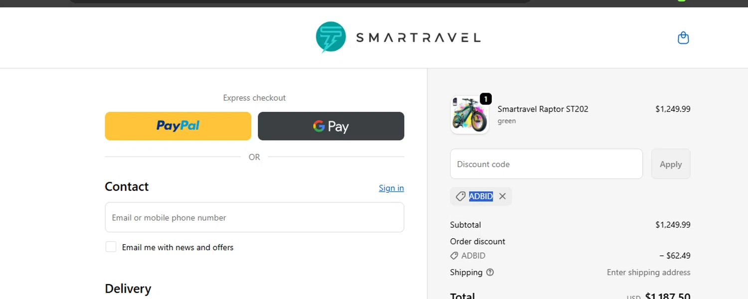 Smartravel promo code screenshot showing code ADBID applied at Smartravel checkout page. Uploaded by SimplyCodes community member ashe1986 on Dec 9, 2025