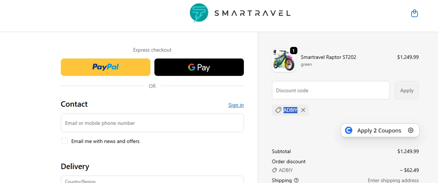 Smartravel promo code screenshot showing code ADBIY applied at Smartravel checkout page. Uploaded by SimplyCodes community member ashe1986 on Dec 10, 2025