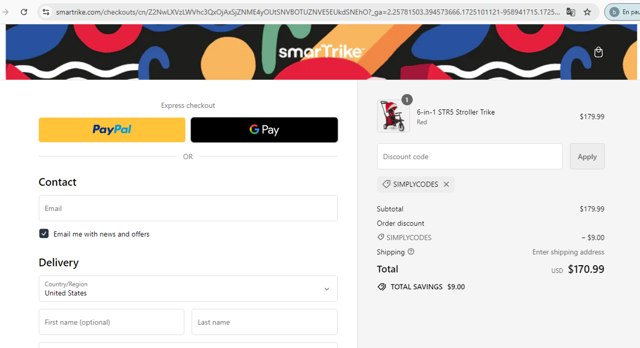 SmarTrike checkout page showing SmarTrike discount code box | Screenshot taken by SimplyCodes community member on Aug 31, 2024