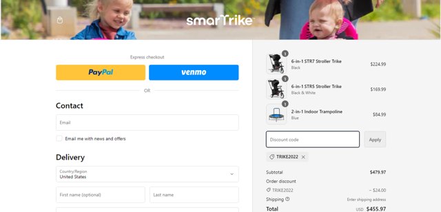 SmarTrike checkout page showing SmarTrike discount code box | Screenshot taken by SimplyCodes community member on Oct 3, 2023
