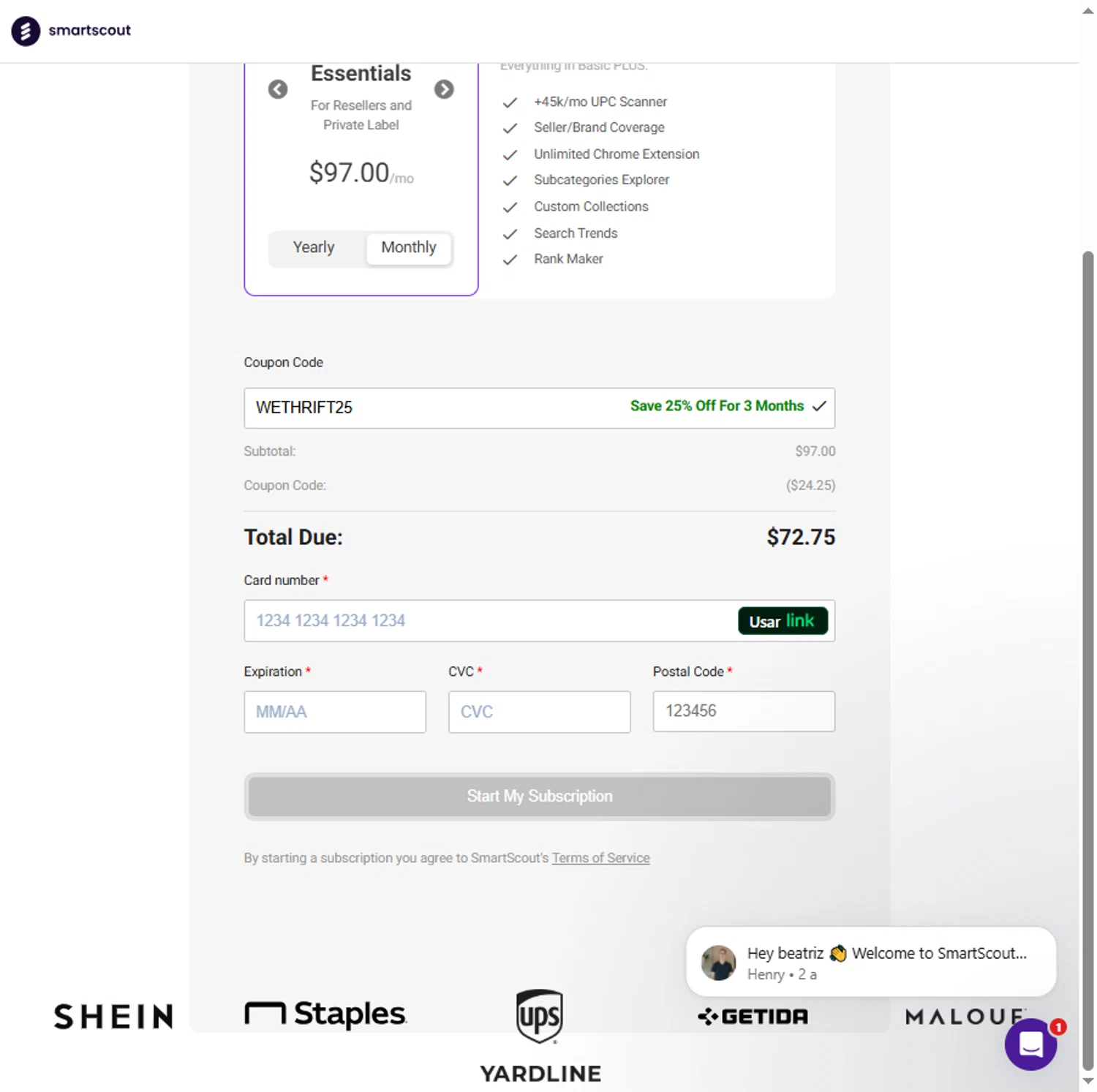 Smartscout promo code screenshot showing code WETHRIFT25 applied at Smartscout checkout page. Uploaded by SimplyCodes community member Sadalsuud on Dec 22, 2025
