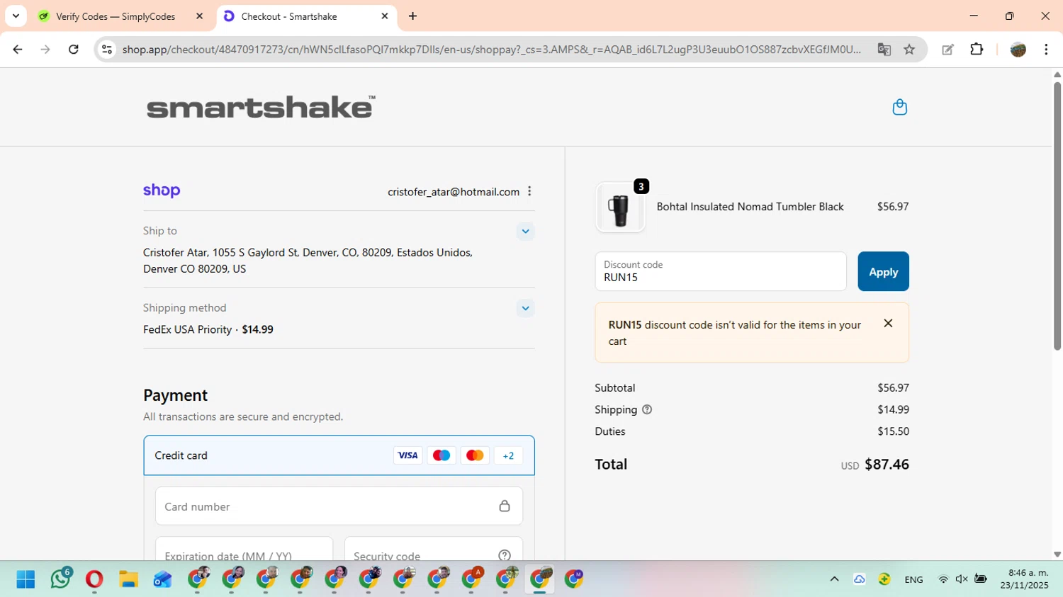 SmartShake discount code screenshot showing code RUN15 applied at SmartShake checkout page. Uploaded by SimplyCodes community member FundoEsperanza on Nov 23, 2025