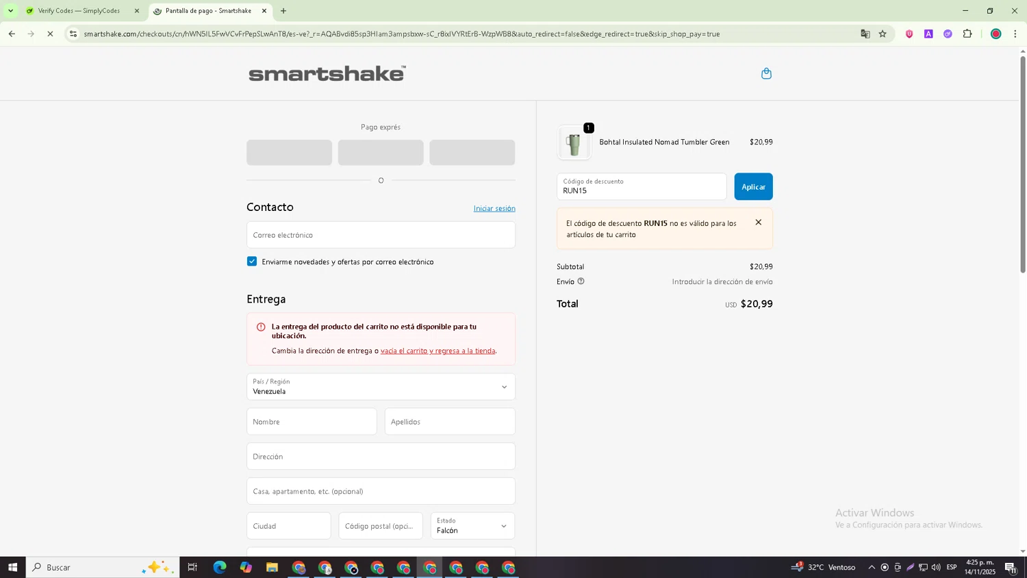 SmartShake discount code screenshot showing code RUN15 applied at SmartShake checkout page. Uploaded by SimplyCodes community member Richard_Miller on Nov 14, 2025