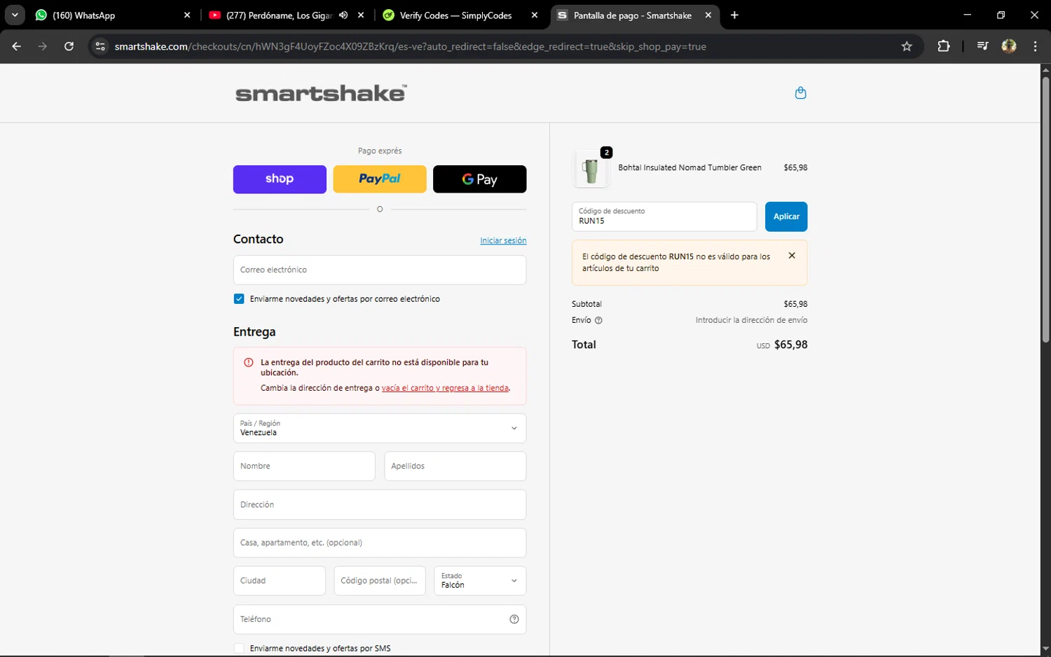 SmartShake discount code screenshot showing code RUN15 applied at SmartShake checkout page. Uploaded by SimplyCodes community member ELVERDEDESAMP on Oct 3, 2025