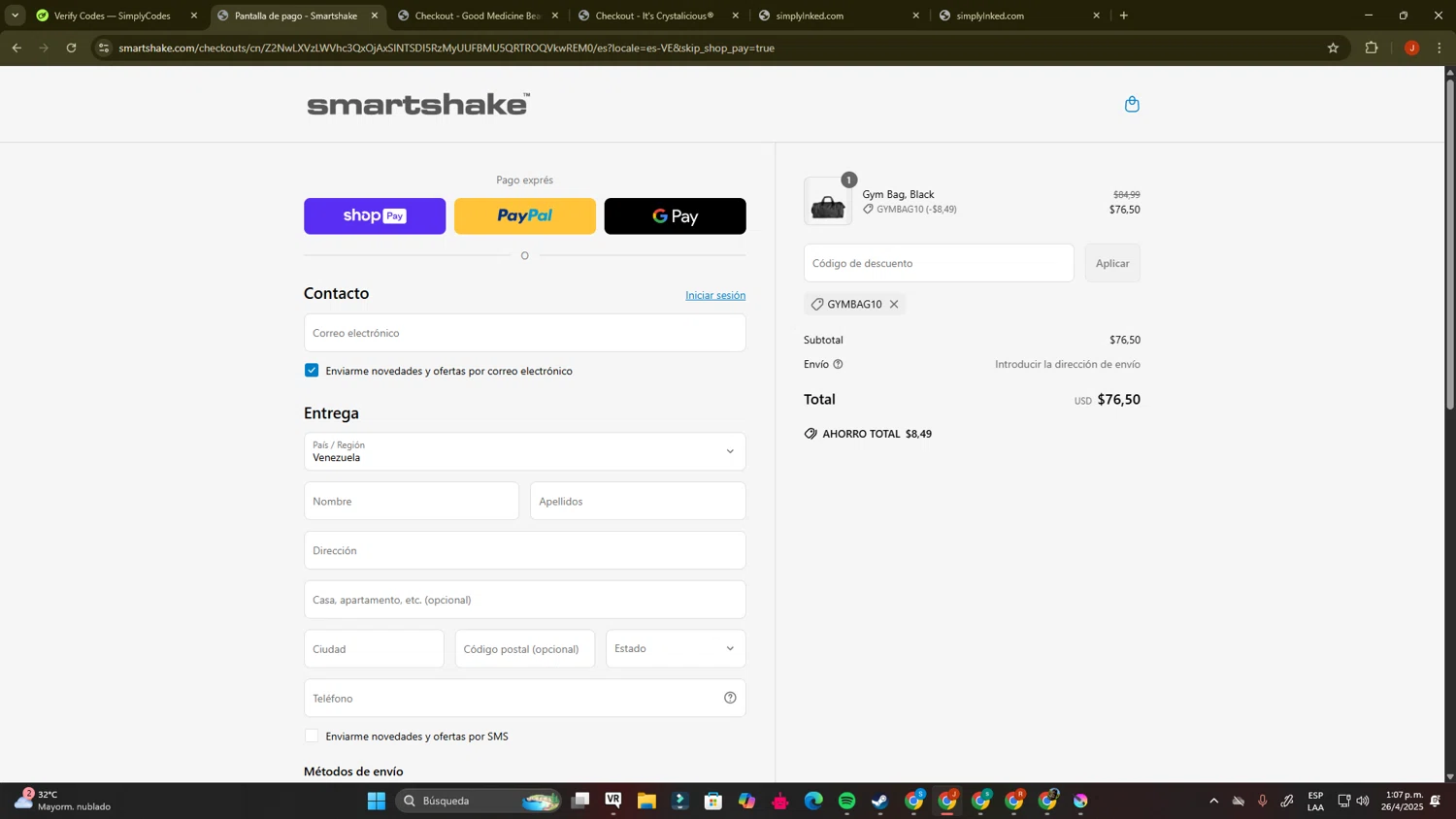 SmartShake discount code screenshot showing code GYMBAG10 applied at SmartShake checkout page. Uploaded by SimplyCodes community member PrimeBoss695 on Apr 26, 2025