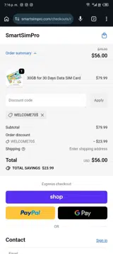 welcome70$ coupon verification screenshot