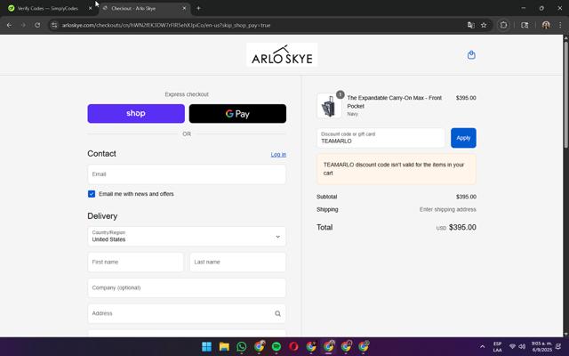 Arlo Skye checkout page showing Arlo Skye discount code box | Screenshot taken by SimplyCodes community member on Sep 6, 2025