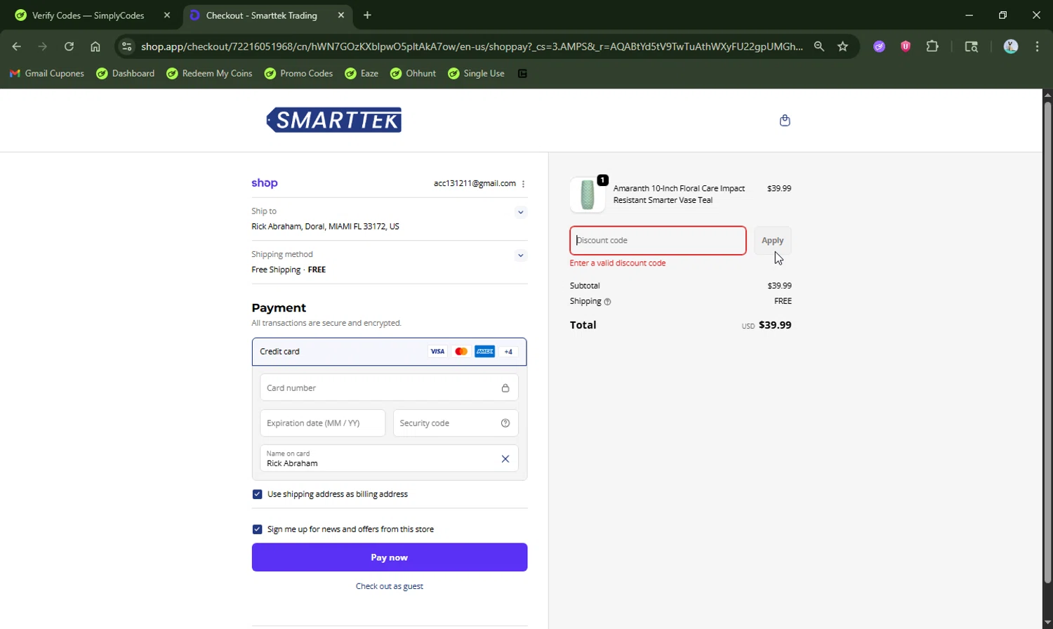 Smarttek Trading promo code screenshot showing code SMTK5 applied at Smarttek Trading checkout page. Uploaded by SimplyCodes community member LHaunter2 on Jan 5, 2026