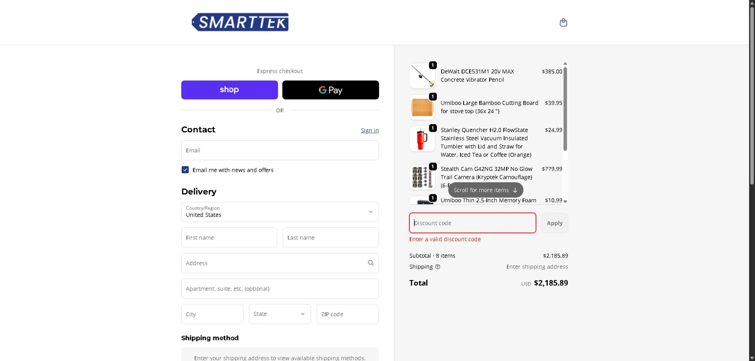 Smarttek Trading promo code screenshot showing code SMTK5 applied at Smarttek Trading checkout page. Uploaded by SimplyCodes community member PromoElite4745 on Jan 5, 2026