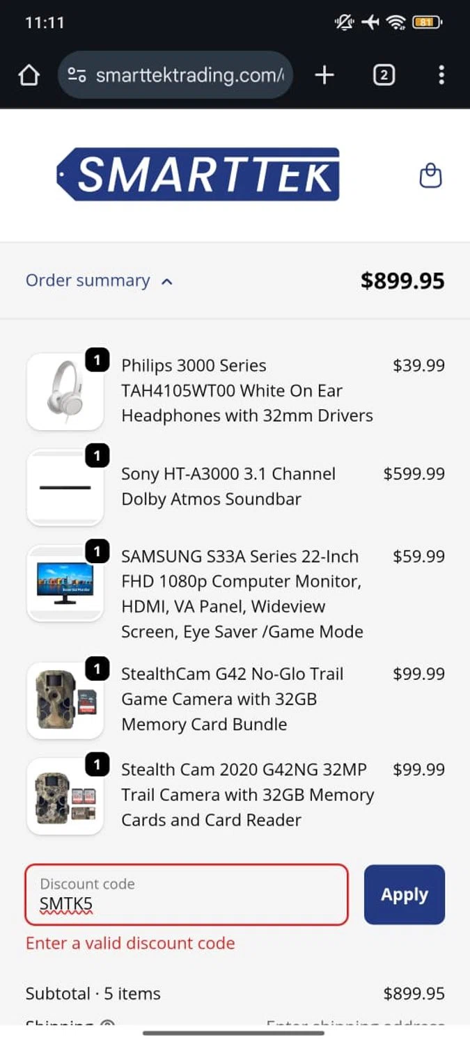 Smarttek Trading promo code screenshot showing code SMTK5 applied at Smarttek Trading checkout page. Uploaded by SimplyCodes community member RoyalSpotter5217 on Jan 5, 2026