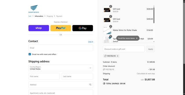 SmartWings checkout page showing SmartWings discount code box | Screenshot taken by SimplyCodes community member on Sep 3, 2025