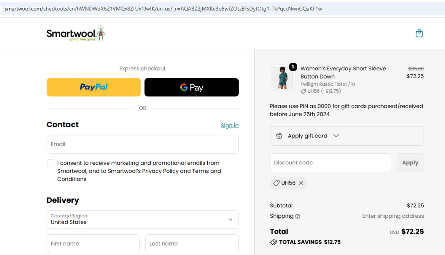 Smartwool promo code screenshot showing code UH56 applied at Smartwool checkout page. Uploaded by SimplyCodes community member EMILIANOMASABE on Jun 19, 2026