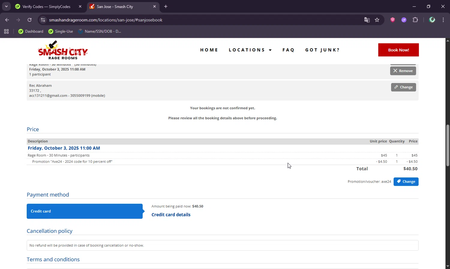 Smash City Rage Room promo code screenshot showing code AXE24 applied at Smash City Rage Room checkout page. Uploaded by SimplyCodes community member BudgetWizard6950 on Oct 3, 2025