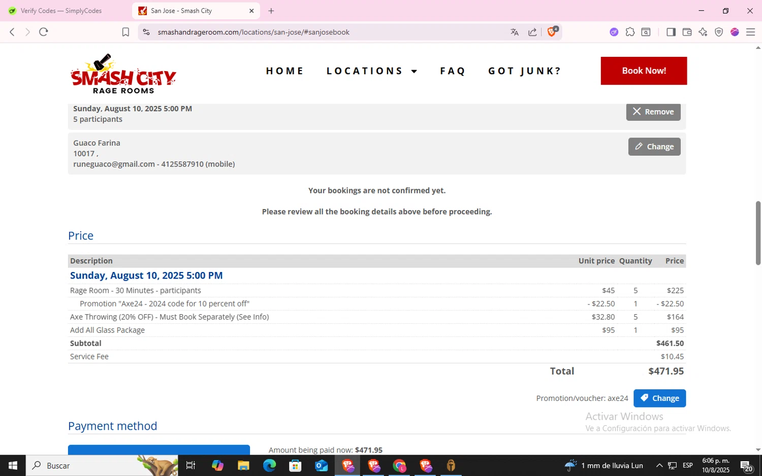 Smash City Rage Room promo code screenshot showing code AXE24 applied at Smash City Rage Room checkout page. Uploaded by SimplyCodes community member CodeLynx5272 on Aug 10, 2025