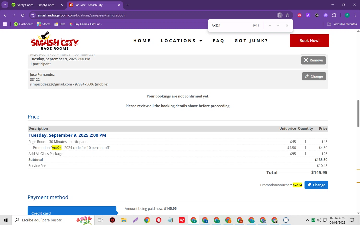 Smash City Rage Room promo code screenshot showing code AXE24 applied at Smash City Rage Room checkout page. Uploaded by SimplyCodes community member RebateScholar429 on Sep 8, 2025