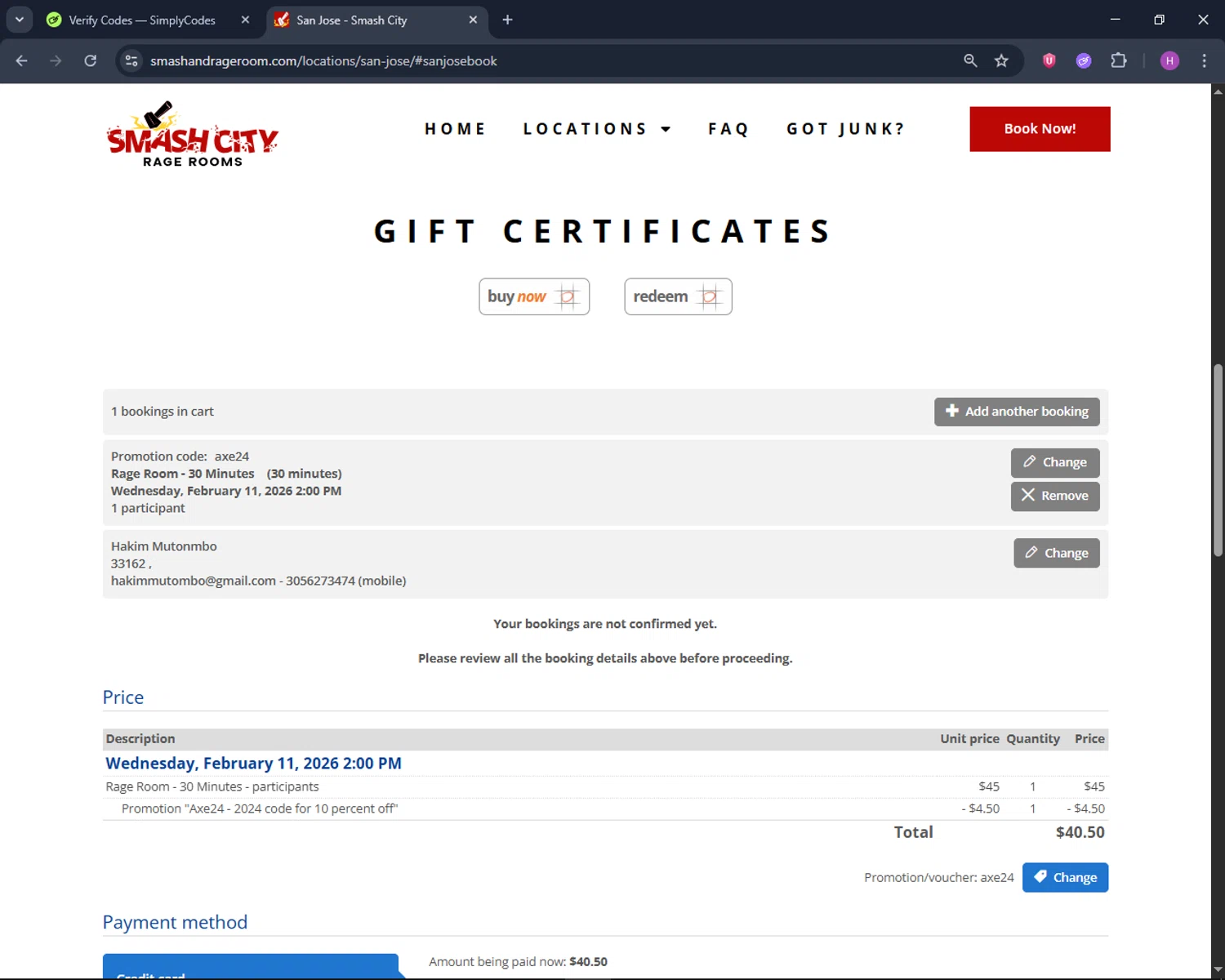 Smash City Rage Room checkout page showing Smash City Rage Room promo code box | Screenshot taken by SimplyCodes community member on Feb 11, 2026