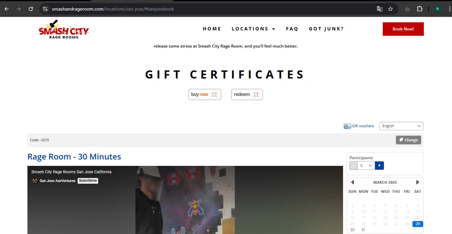 Smash City Rage Room promo code screenshot showing code IG15 applied at Smash City Rage Room checkout page. Uploaded by SimplyCodes community member SavvyHawk5598 on Mar 29, 2025