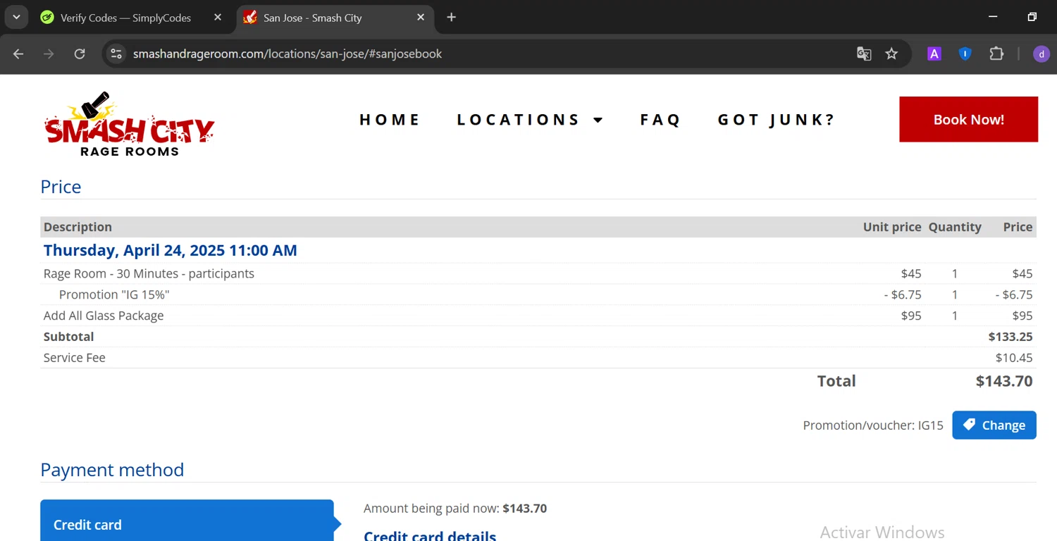 Smash City Rage Room promo code screenshot showing code IG15 applied at Smash City Rage Room checkout page. Uploaded by SimplyCodes community member CoinOwl5103 on Apr 16, 2025