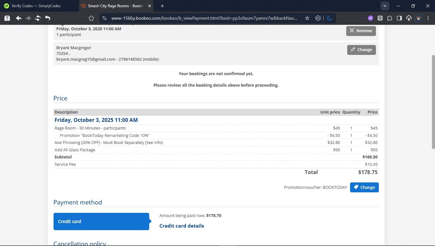 Smash City Rage Room promo code screenshot showing code BOOKTODAY applied at Smash City Rage Room checkout page. Uploaded by SimplyCodes community member BrilliantTitan6909 on Oct 3, 2025