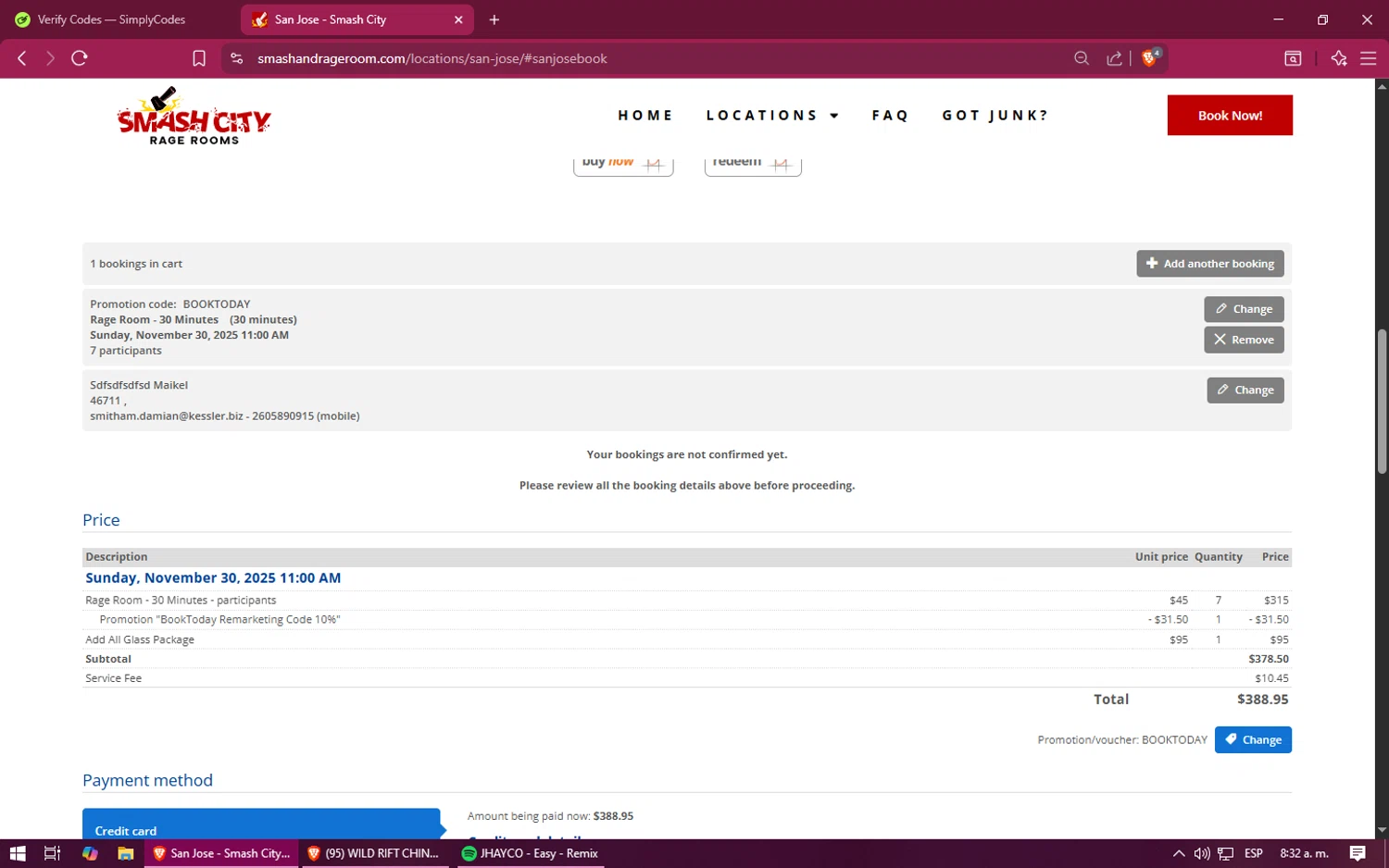 Smash City Rage Room promo code screenshot showing code BOOKTODAY applied at Smash City Rage Room checkout page. Uploaded by SimplyCodes community member XINNNN on Nov 30, 2025
